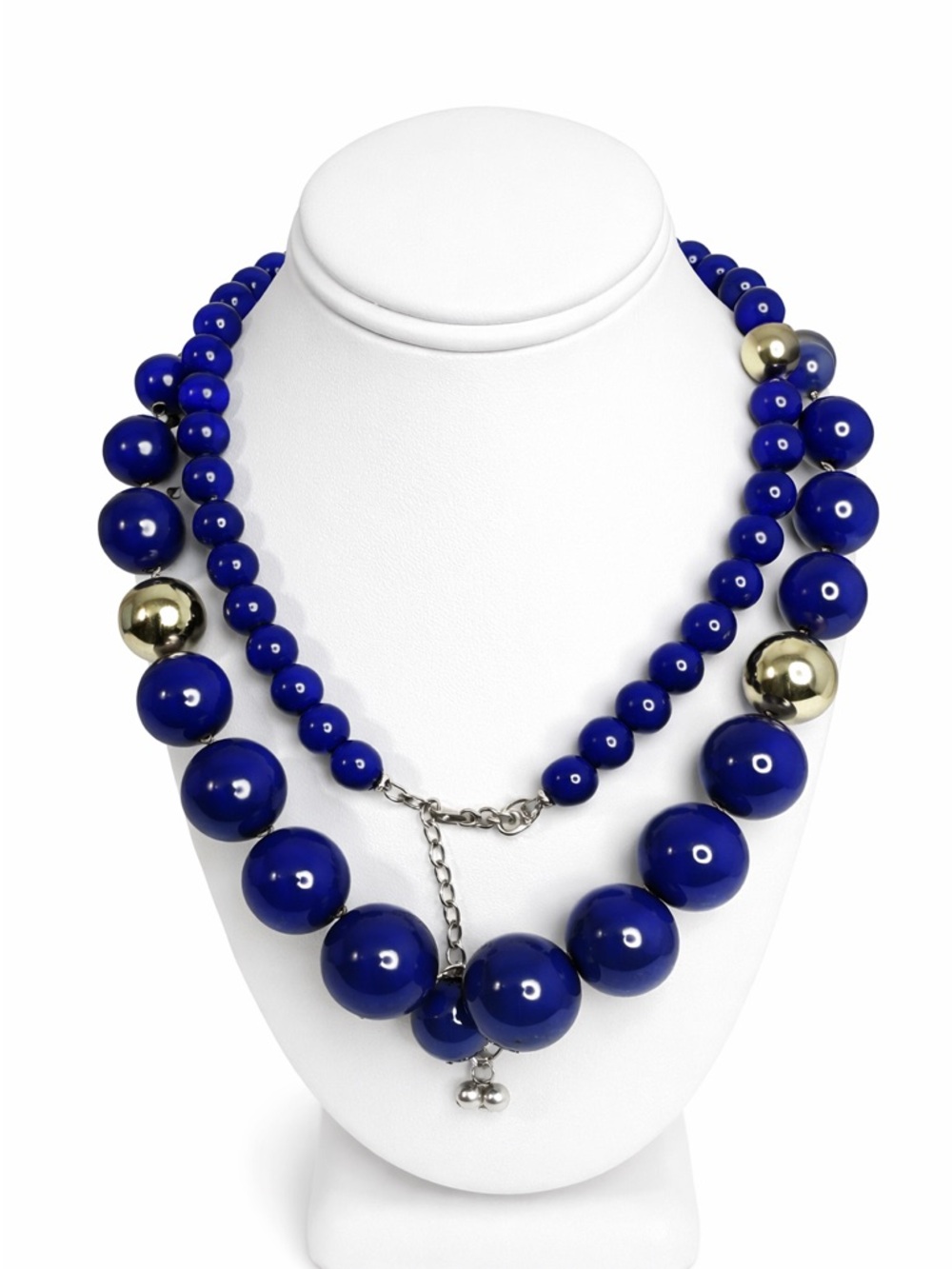 *Chunky Blue Beaded Statement Necklace Gold Tone Accent Adjustable